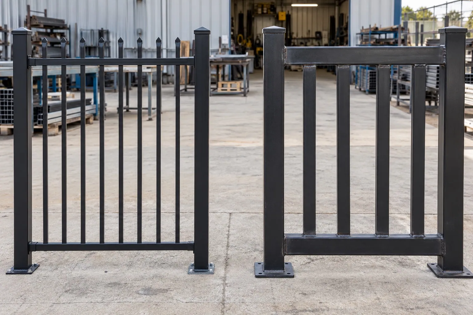 Separate aluminum and steel fence sample bays show the difference between slim modular pickets and heavier welded steel construction.