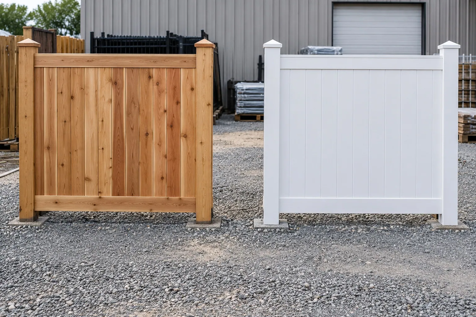 Separate cedar and white vinyl privacy fence sample bays displayed at a local contractor yard.