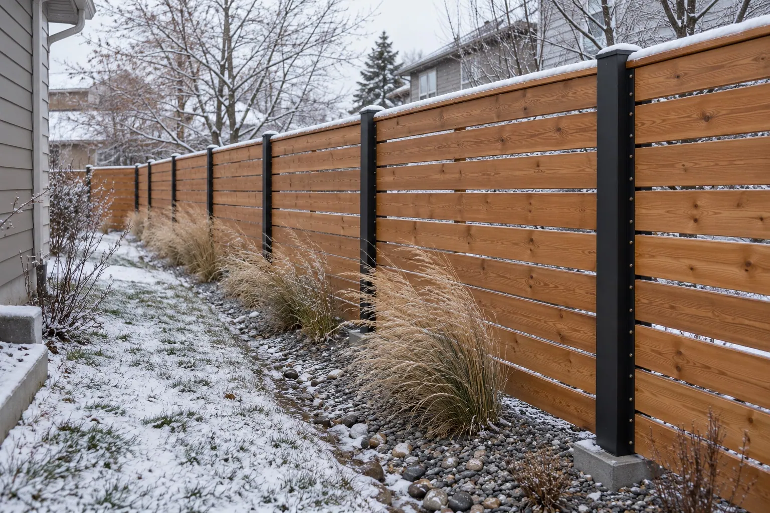 A horizontal cedar fence with steel posts stands beside a gravel drainage swale after a light snowfall.