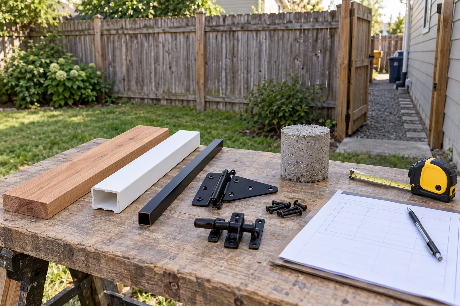 Fence material samples, gate hardware, footing concrete, measurements, and yard access illustrate the factors that shape fence cost.