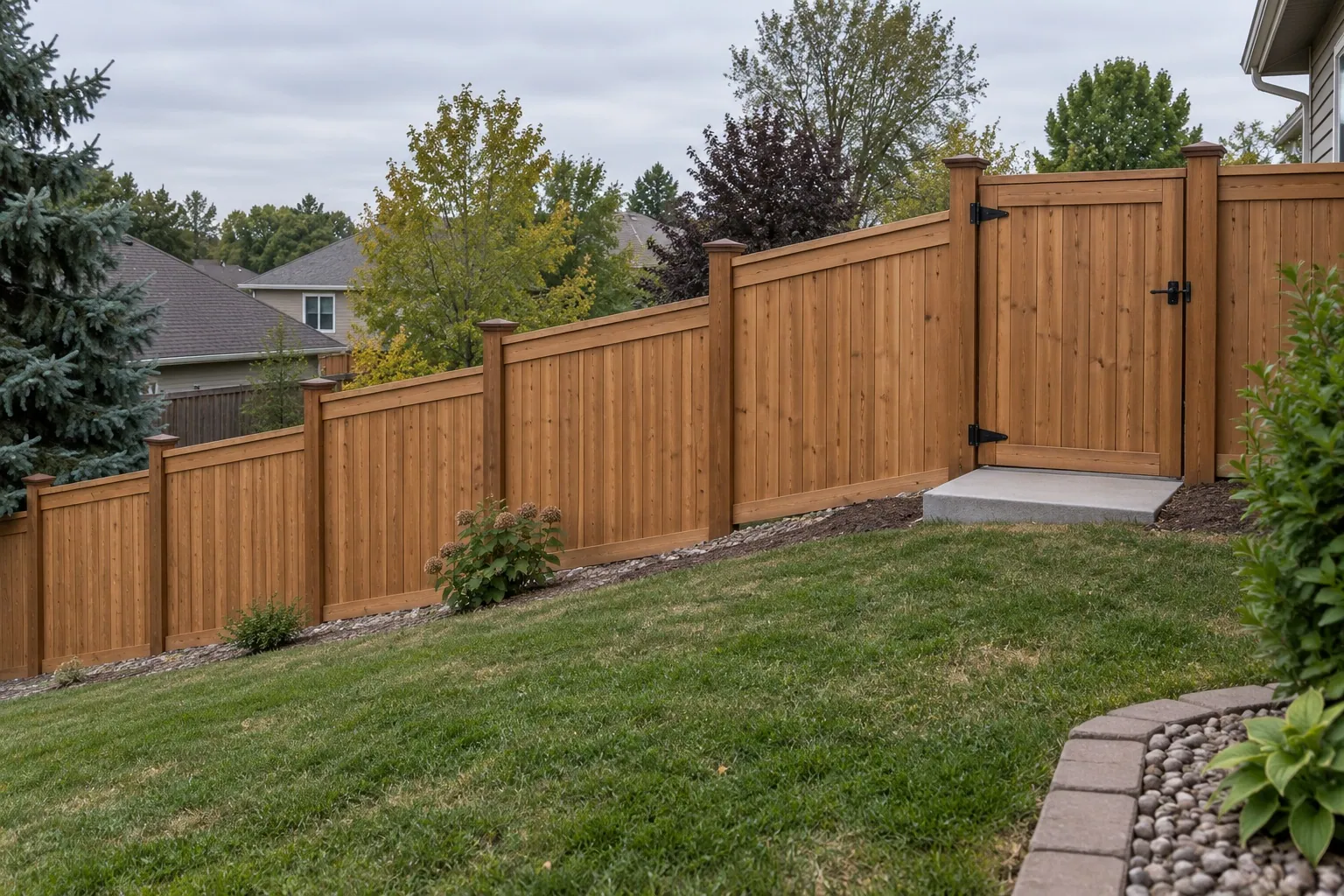 A cedar privacy fence steps cleanly down a sloped suburban yard with a matching gate on a level landing.