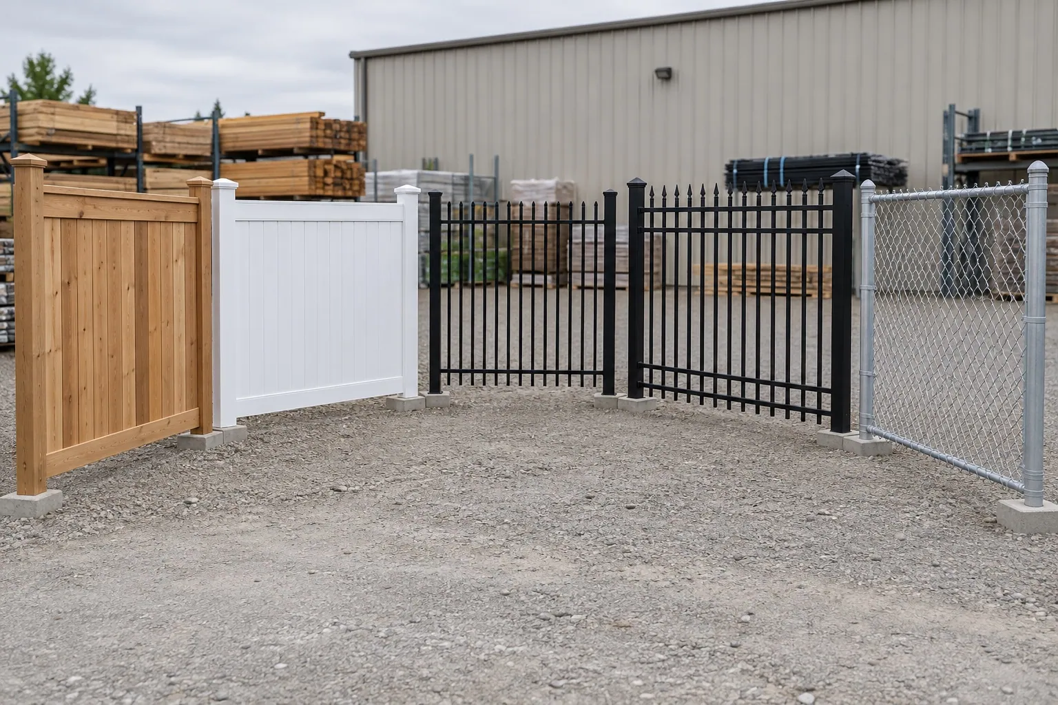 Five separate fence material samples display cedar, vinyl, aluminum, steel, and chain link systems.