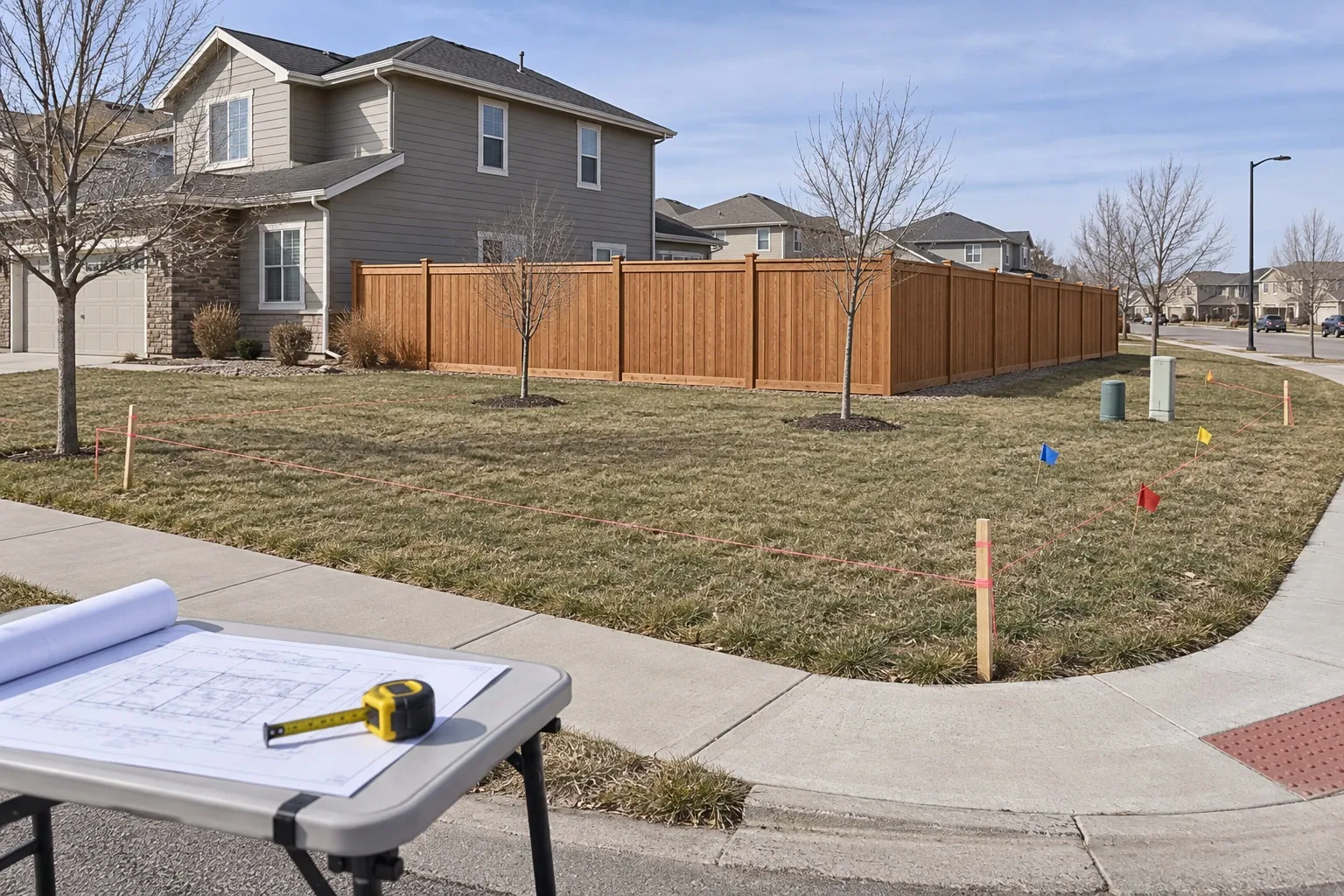 Survey stakes, utility flags, and a site plan mark a proposed fence line at an Adams County corner lot.