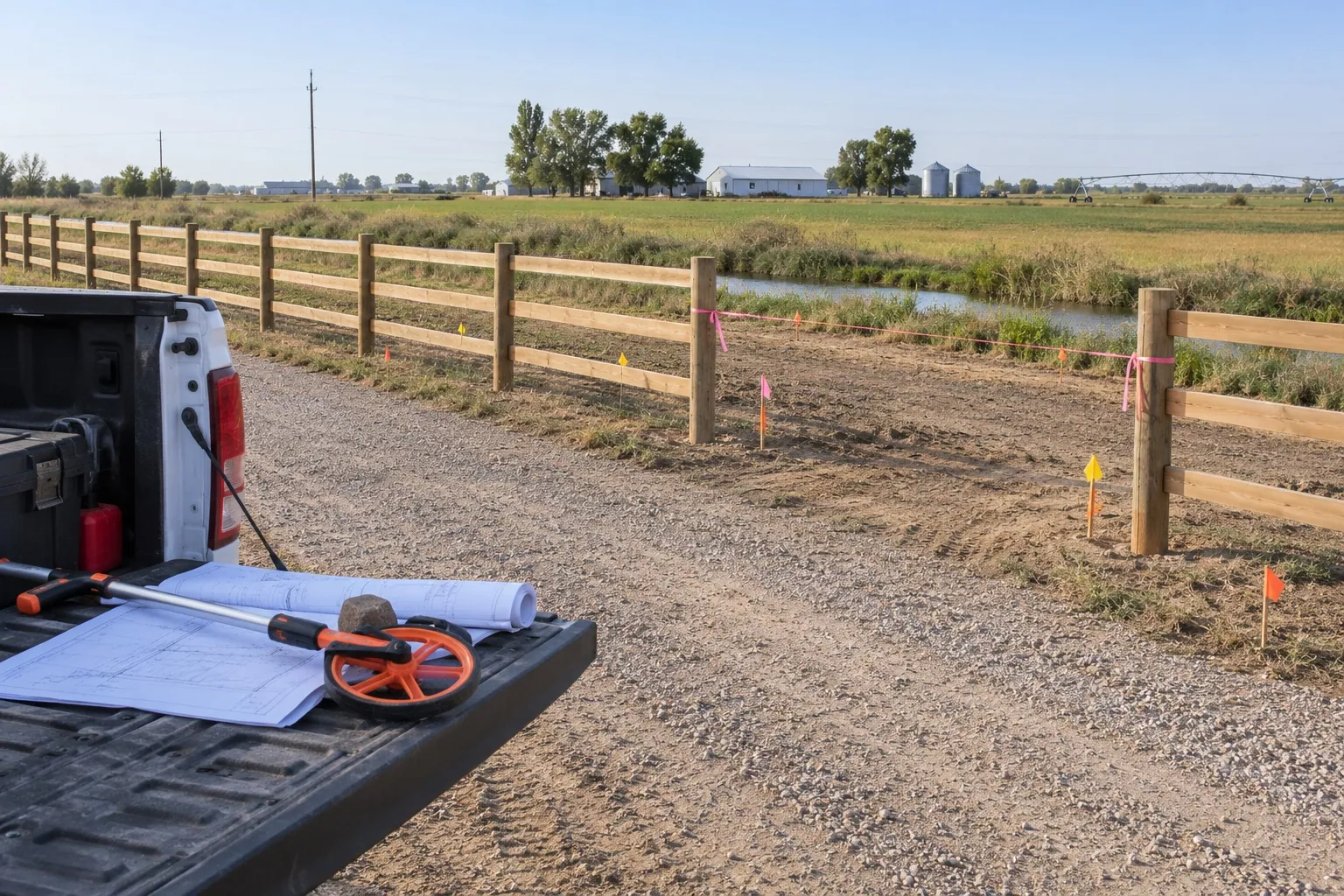 Survey stakes, utility flags, and a measuring wheel mark a future gate opening beside a Weld County post-and-rail fence.