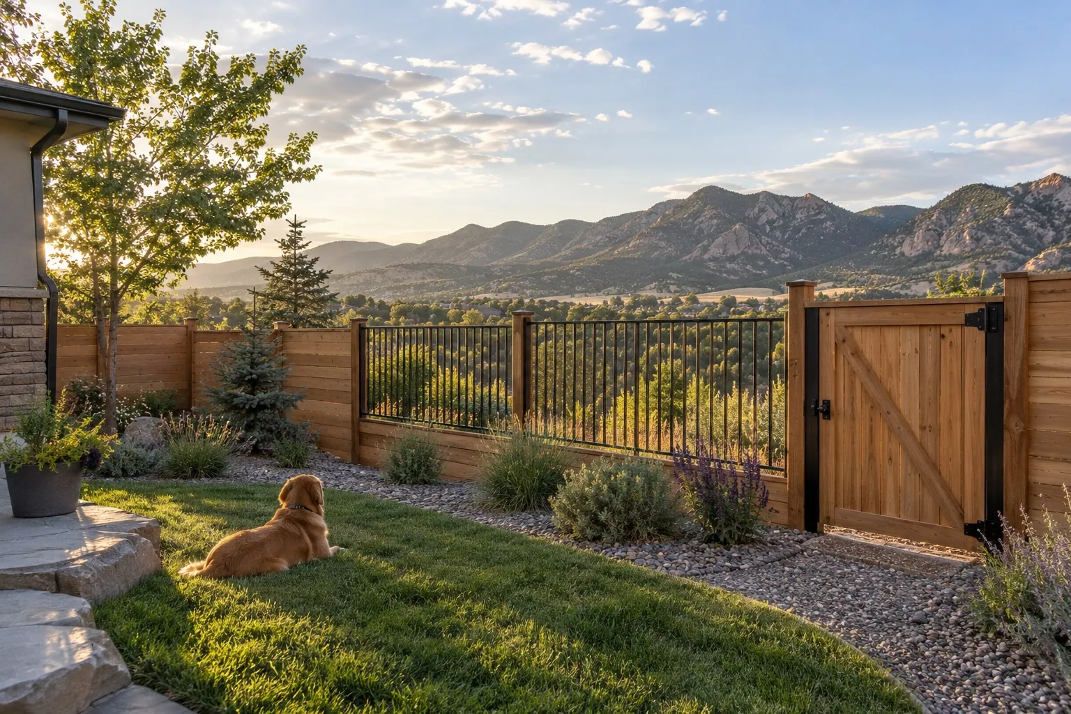A cedar and black metal fence balances privacy, views, drainage, a secure gate, and a dog-friendly Colorado yard.