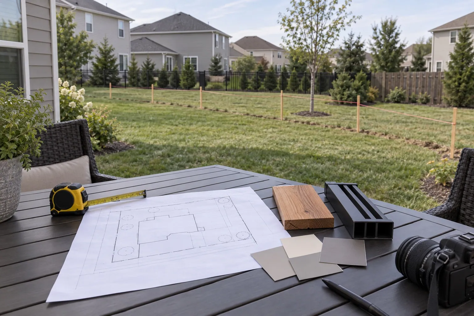A site plan, fence samples, color swatches, and a marked yard line are organized for an HOA fence application.