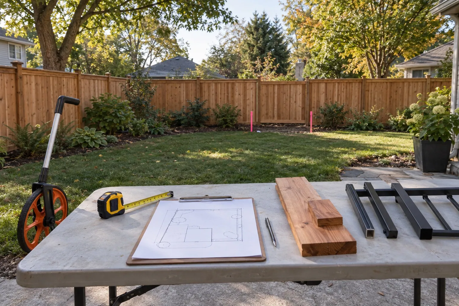 Measuring tools, fence samples, and a property sketch are arranged for a residential fence estimate.