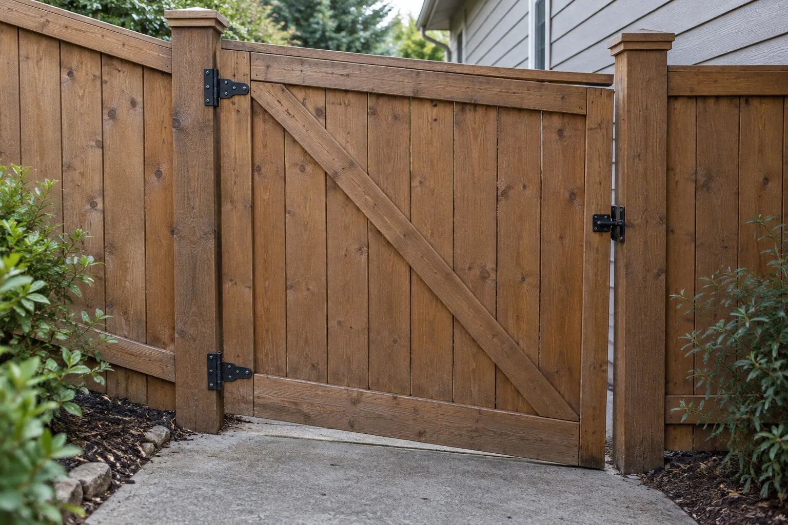 A closed cedar walk gate sags modestly at the latch side, revealing the alignment and hardware problems behind a dragging gate.