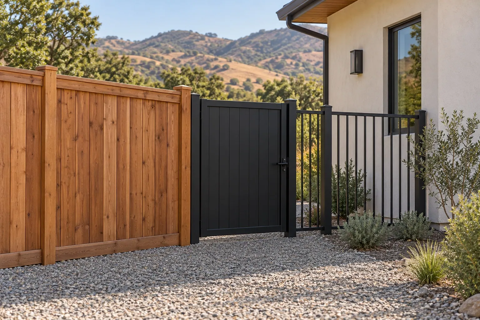 A cedar fence transitions intentionally to a closed steel gate and noncombustible metal section beside a stucco foothills home.