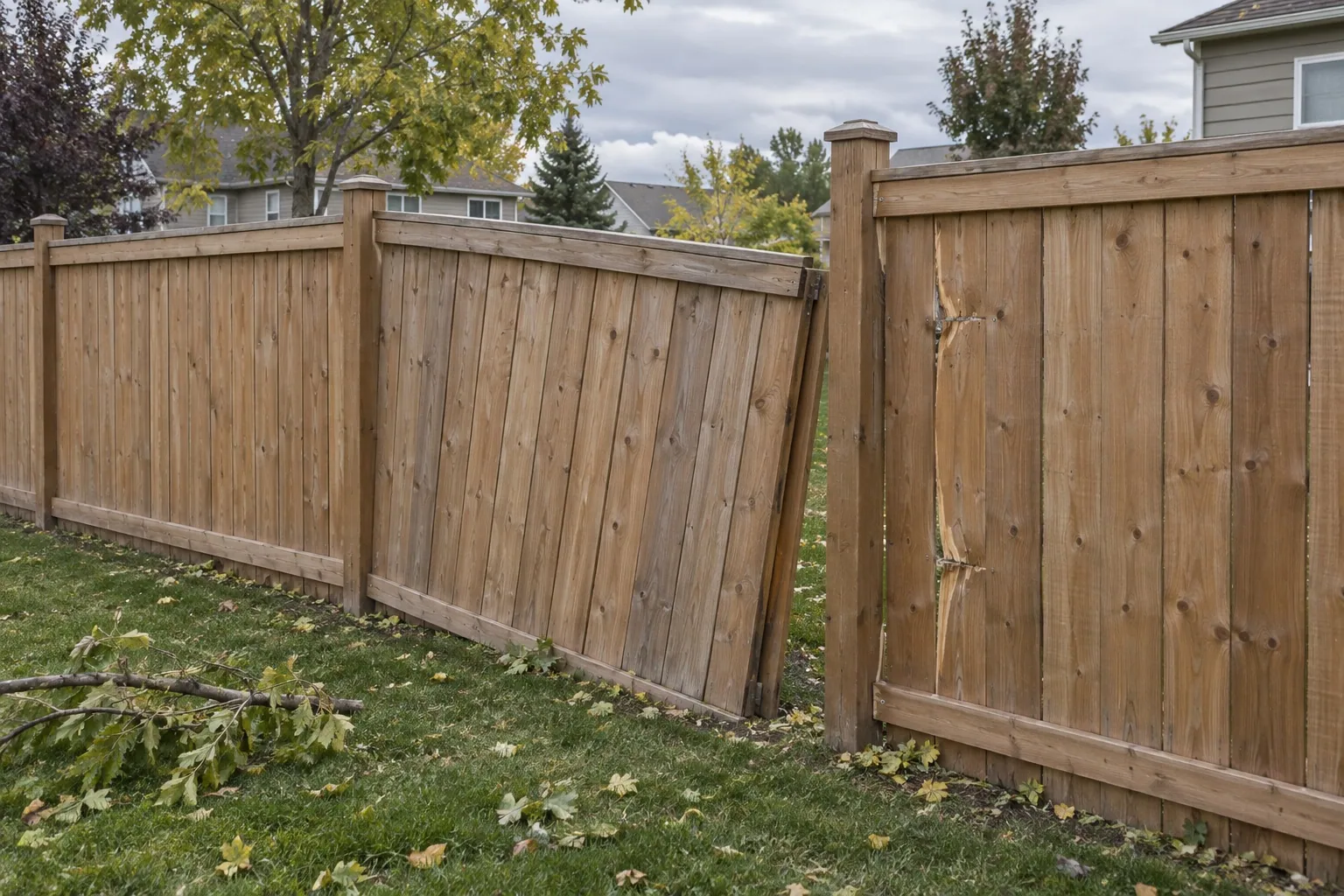 A cedar privacy fence panel leans after a windstorm while the adjacent matching panels remain standing.
