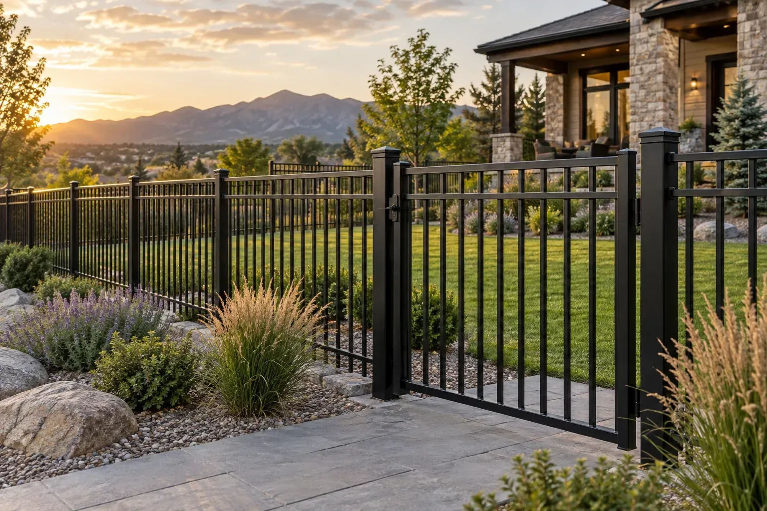 Black aluminum fence surrounding a landscaped Colorado home