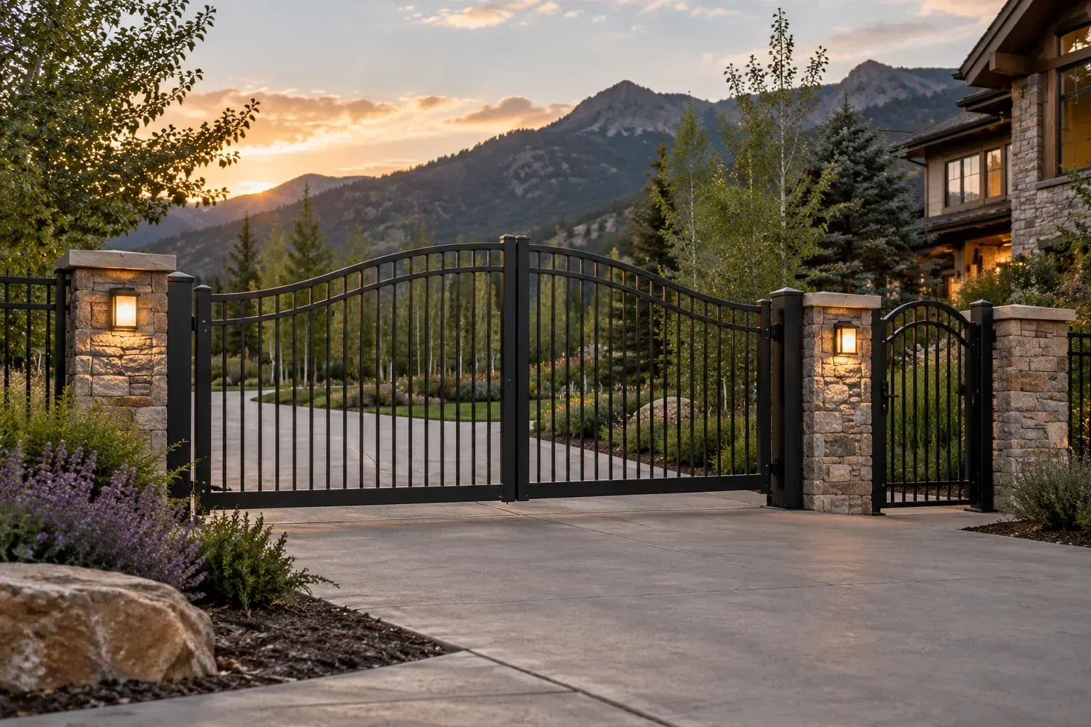 Black aluminum driveway and pedestrian gates at a mountain home
