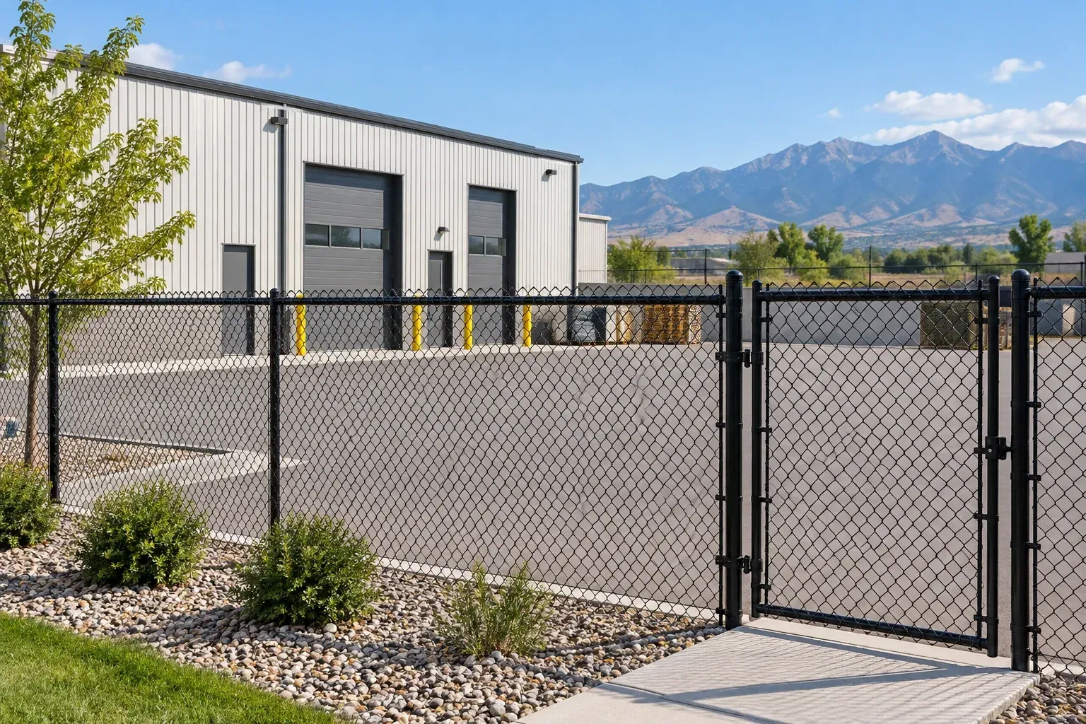 Black chain-link security fence and gate at a clean commercial property