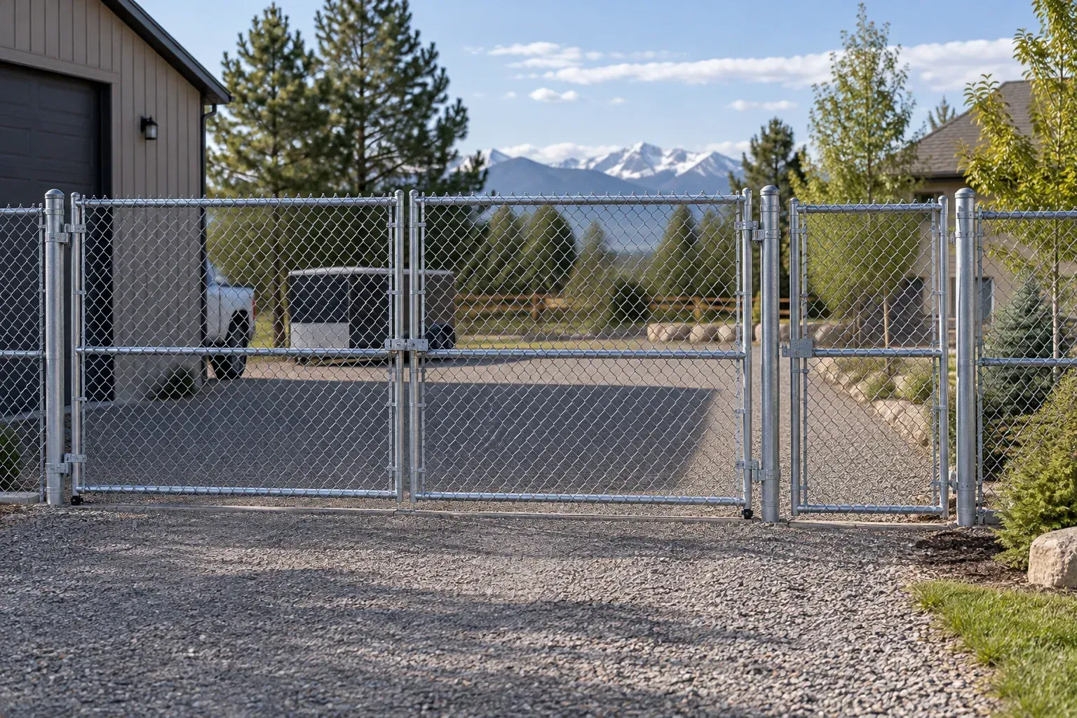 Galvanized chain-link driveway and pedestrian gates on a Colorado property