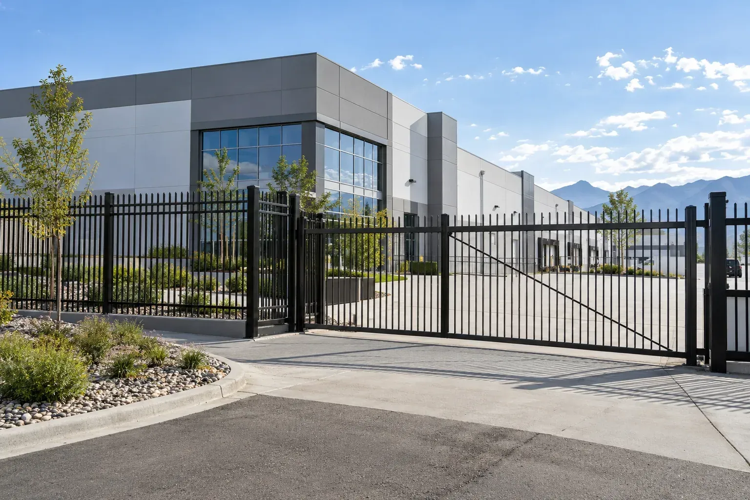 Black steel commercial security fence and vehicle gate