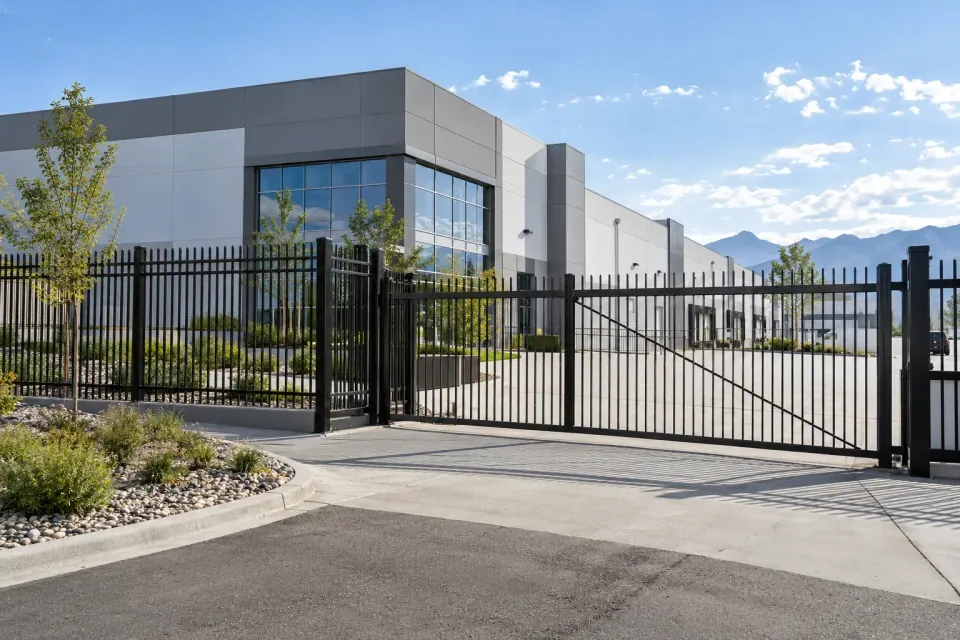 Black steel commercial security fence and vehicle gate
