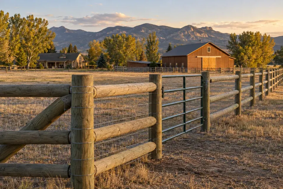 Post-and-rail farm fence with wire mesh and a ranch gate