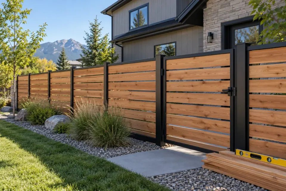 New cedar and black steel fence installation beside a modern home