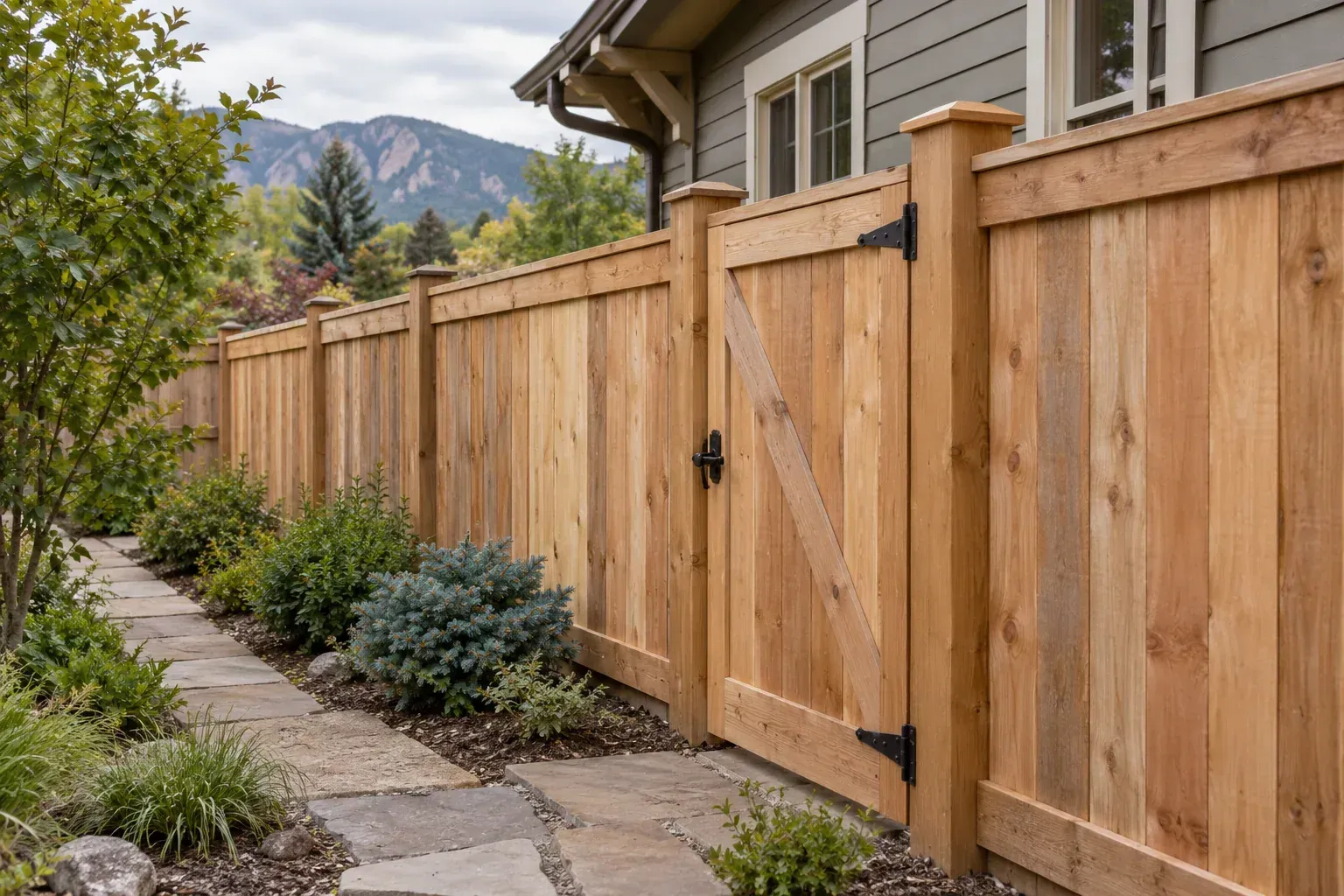 Restored cedar privacy fence and gate beside a Colorado home
