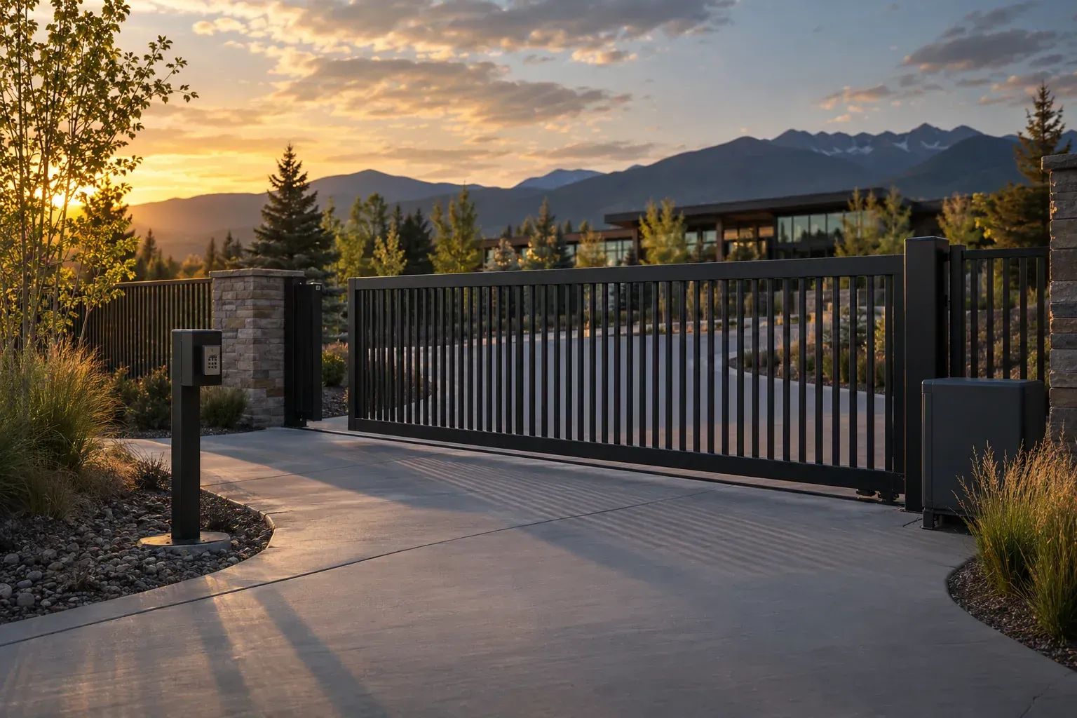 Automated black steel sliding gate with access control at a Colorado entrance