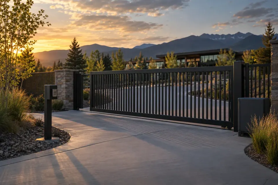 Automated black steel sliding gate with access control at a Colorado entrance