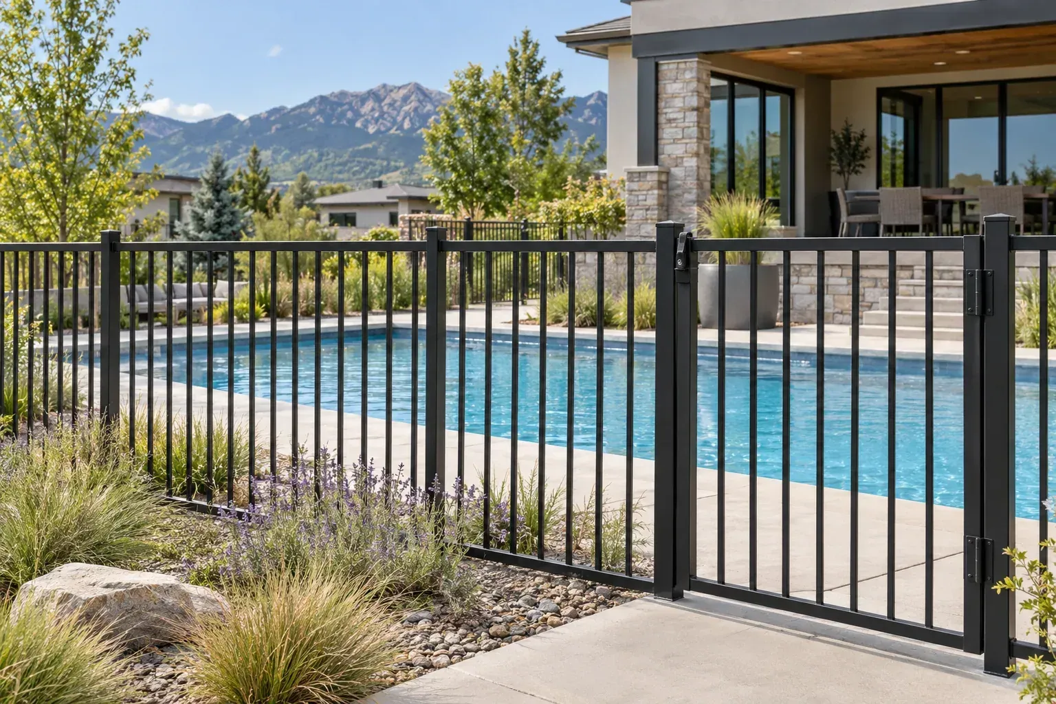 Black aluminum safety fence and self-closing gate around a backyard pool