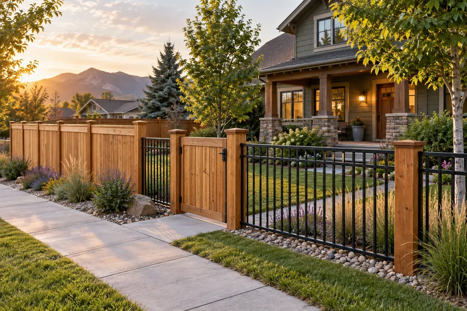Cedar privacy and black metal residential fencing around a Craftsman home