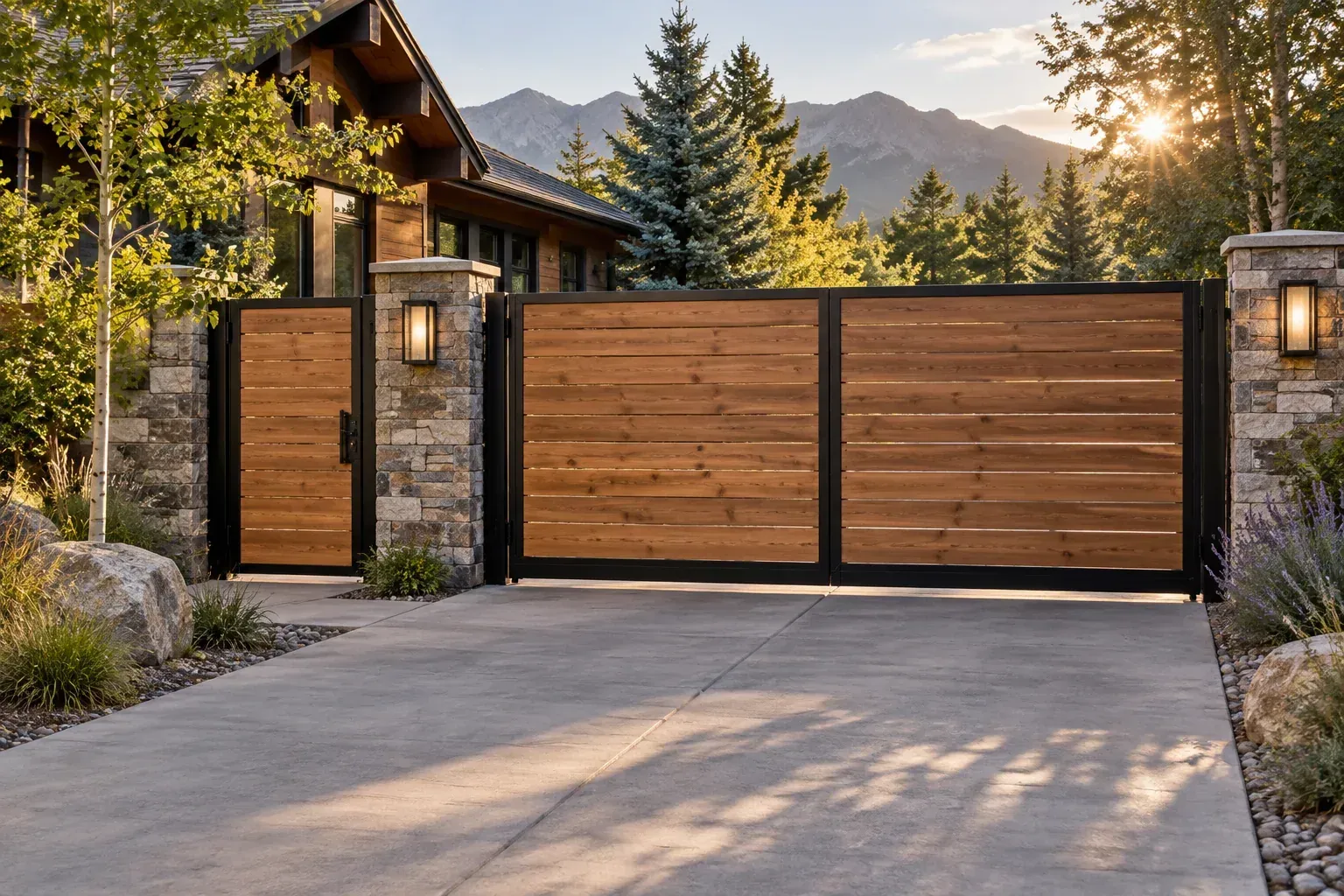 Cedar and black steel driveway and pedestrian gates at a mountain home