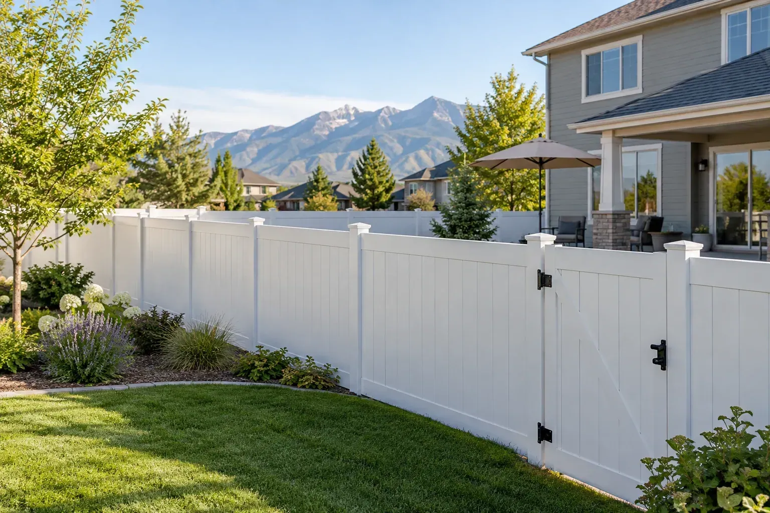 White vinyl privacy fence and matching gate around a landscaped backyard