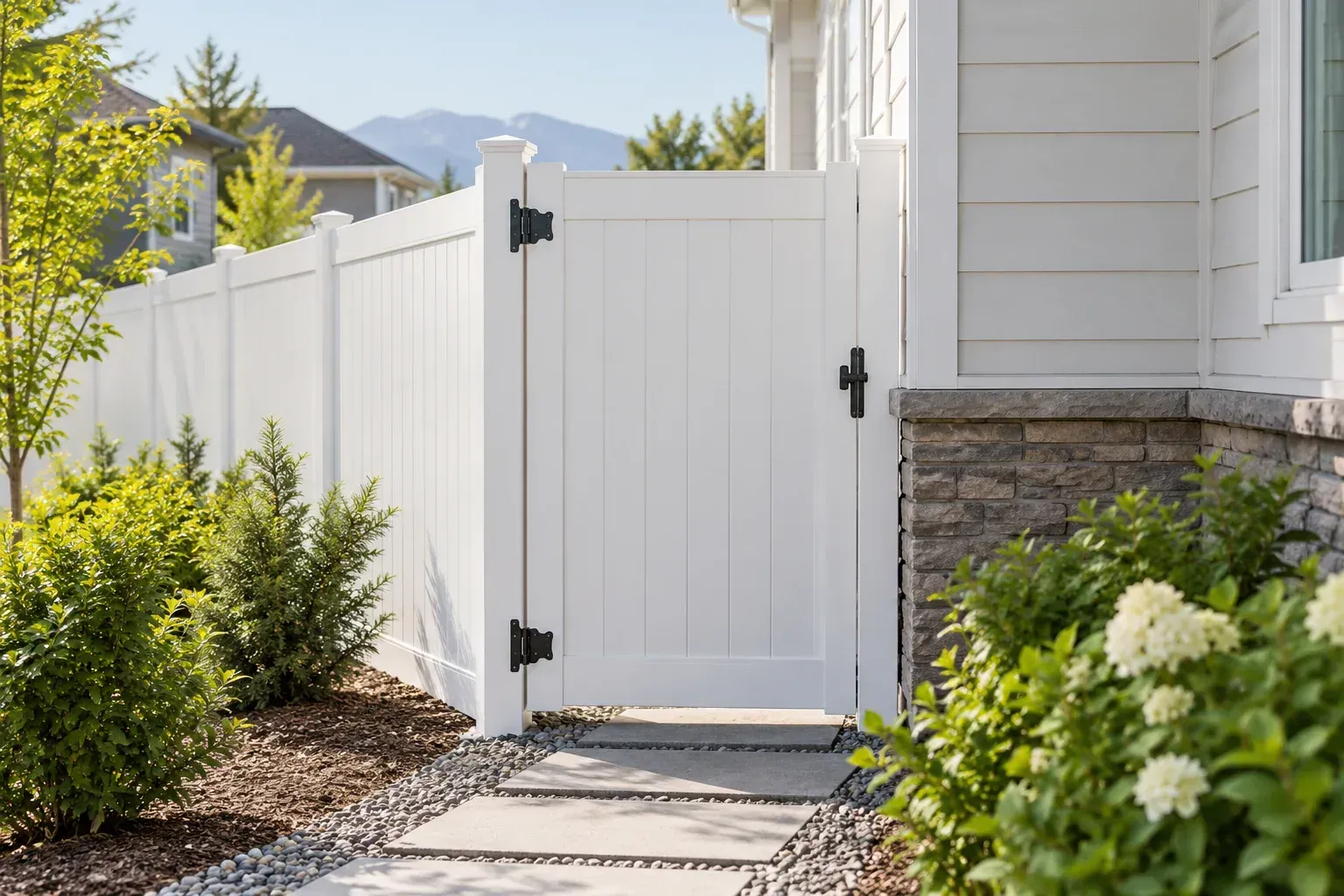 White vinyl privacy gate beside a landscaped Colorado home