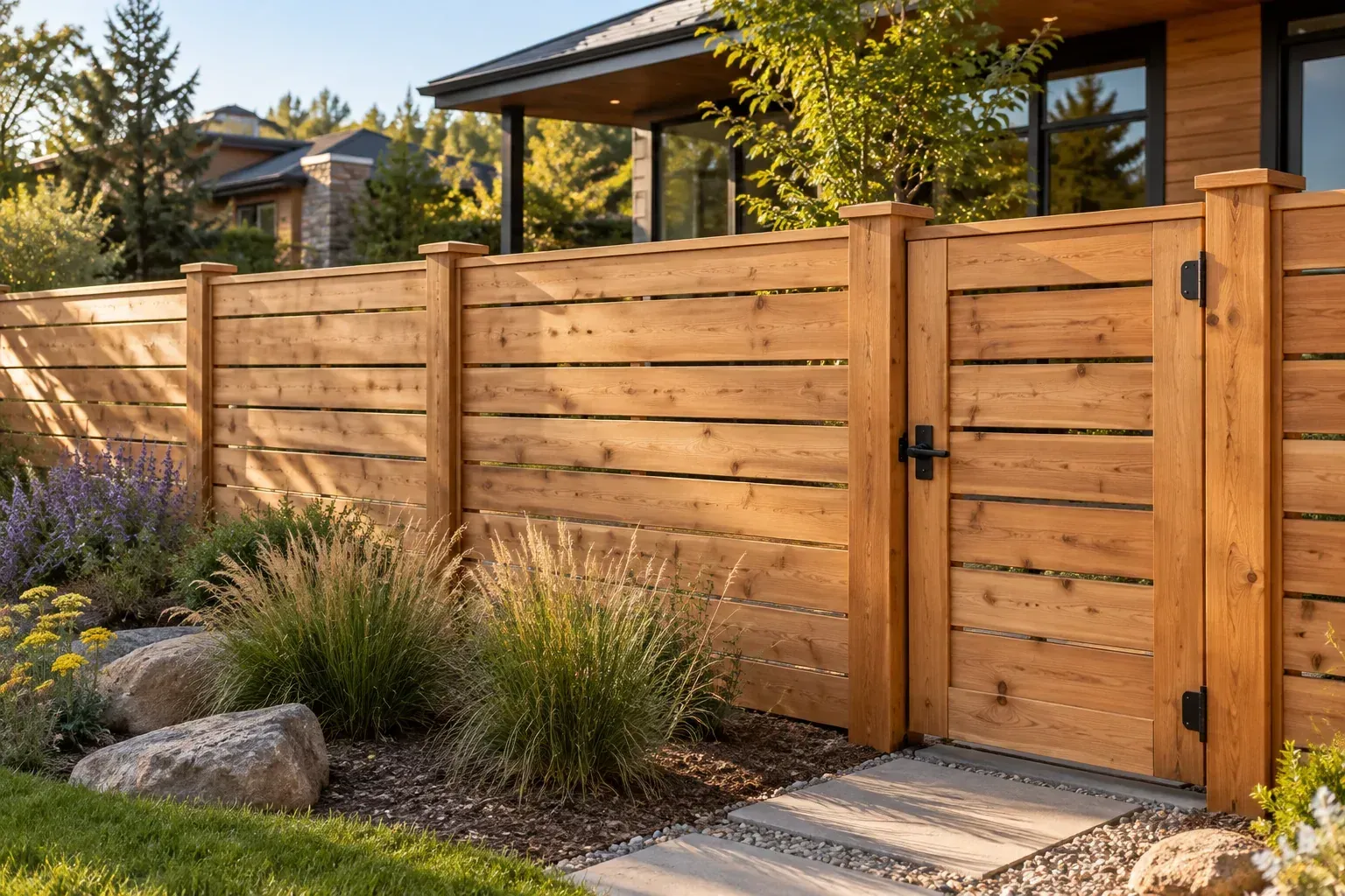 Horizontal cedar privacy fence and matching gate at a modern home