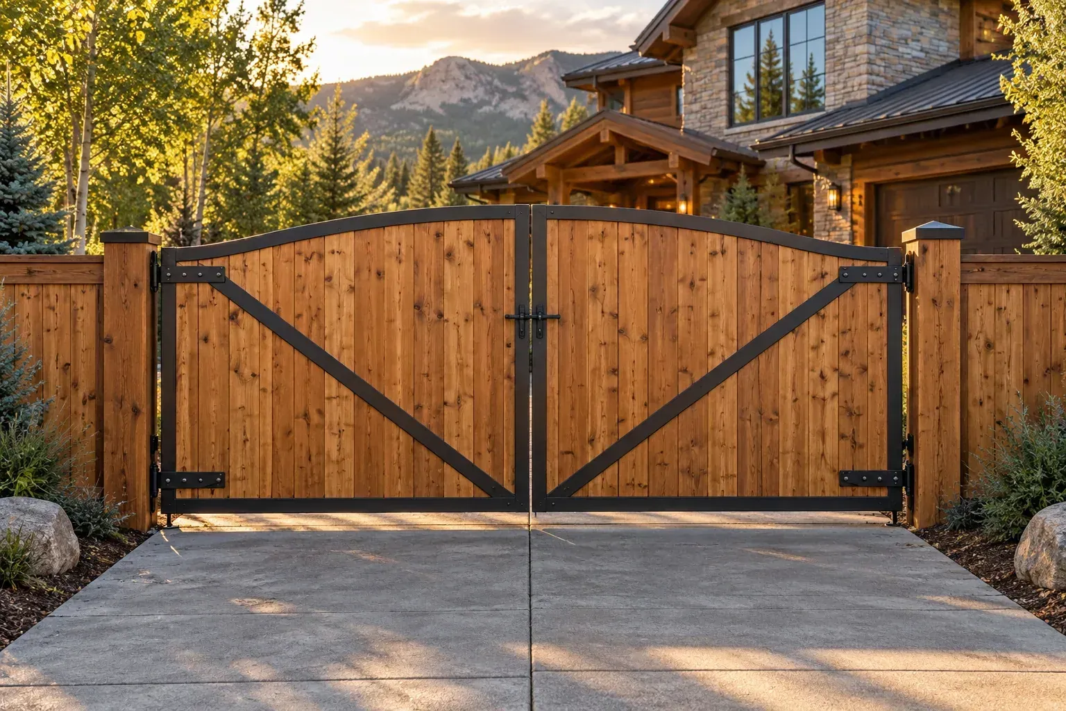 Handcrafted cedar double driveway gate with black steel frame