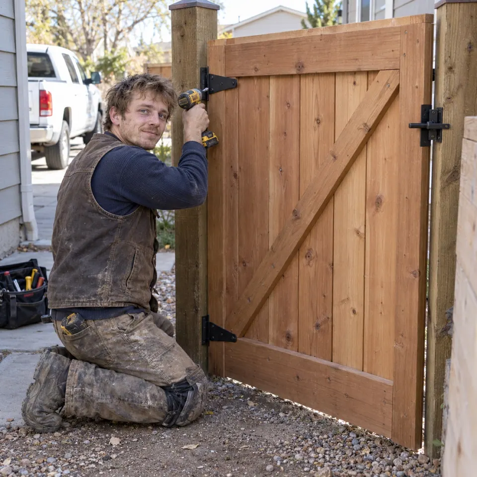 Avery Collins repairing the hardware on a cedar gate