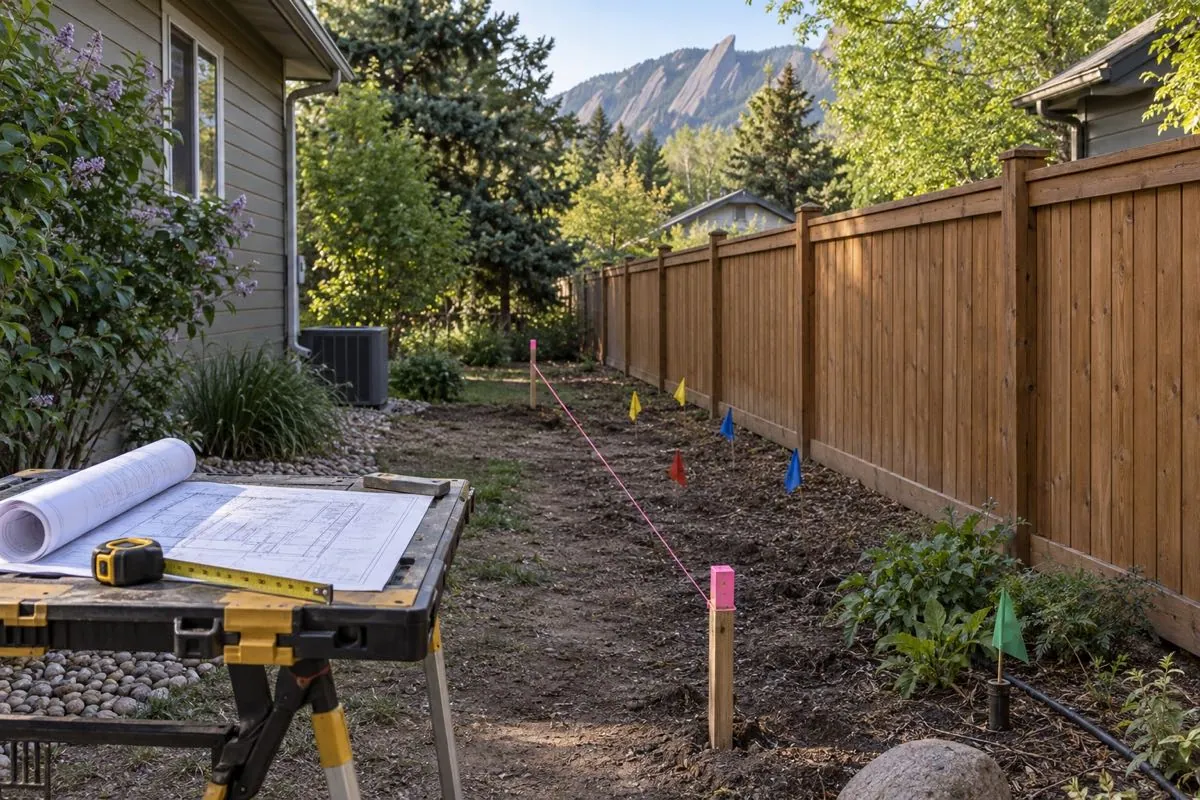 Property-line string, utility flags, and a site plan document fence planning in a Boulder side yard.