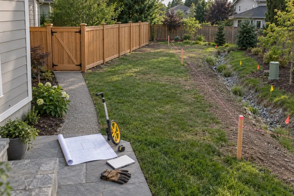 A matching cedar fence and gate, layout string, utility flags, drainage swale, and site plan illustrate complete fence planning.