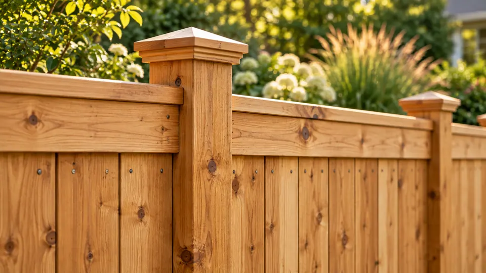 Close-up of a capped cedar fence post and aligned privacy-fence boards in Boulder.