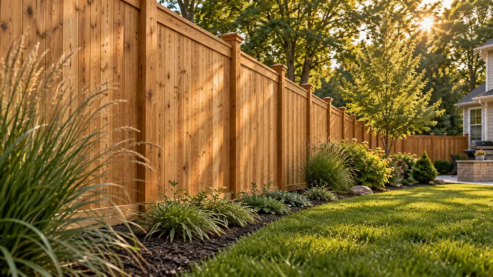 Low-angle view along a cedar privacy fence and landscaped garden bed in Boulder.
