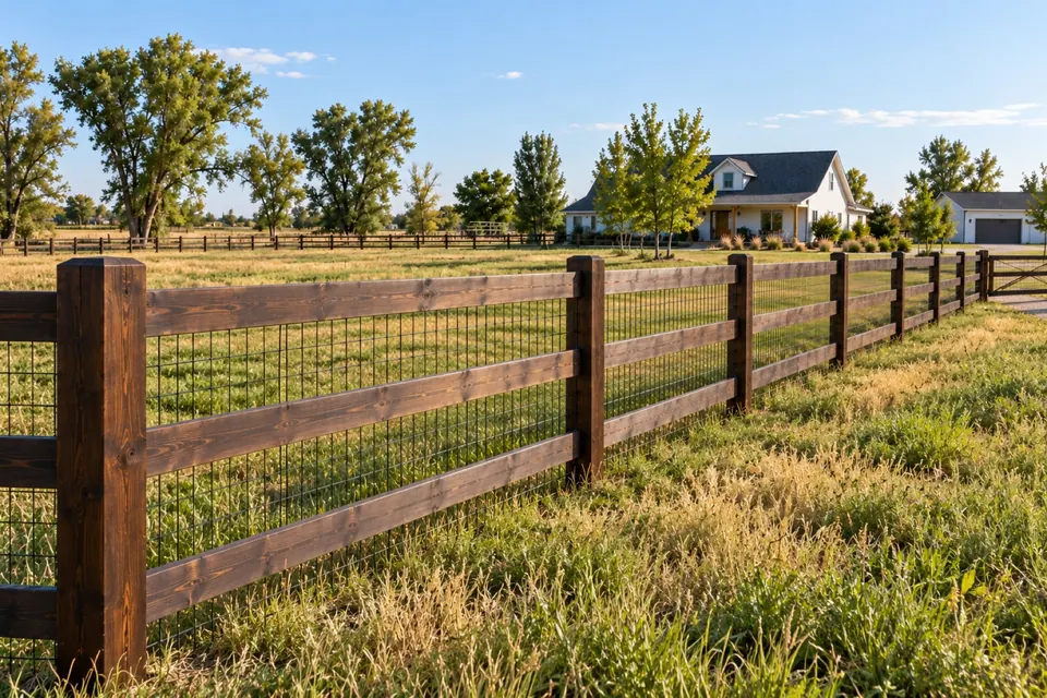 Fence-line view of stained post-and-rail fencing with black mesh in Erie.