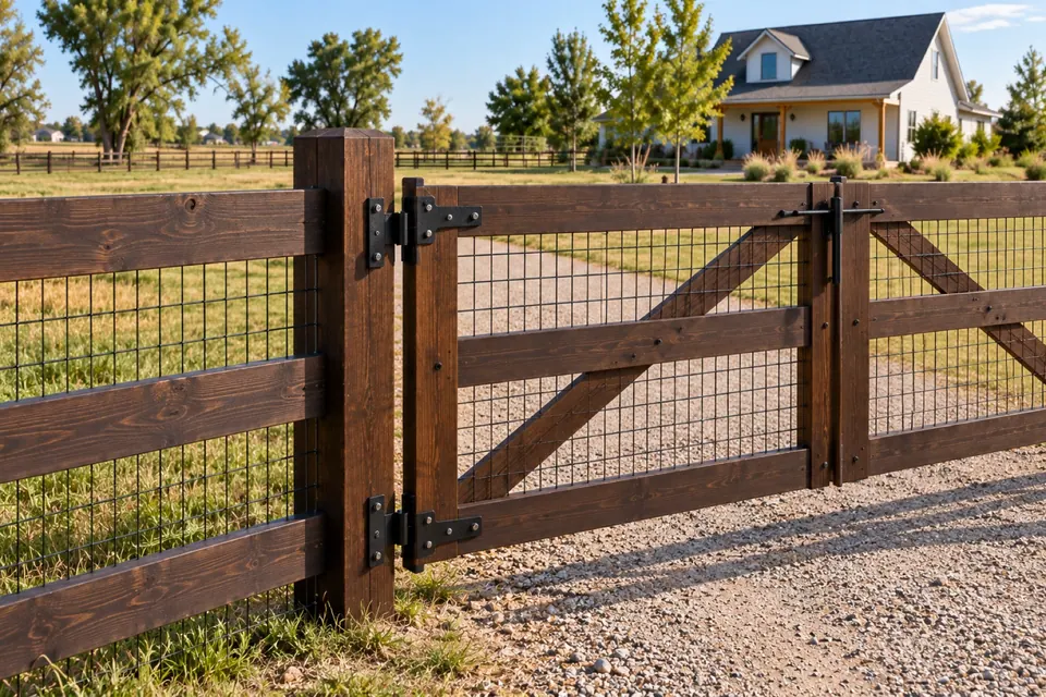 Wood double farm gate with black mesh and sturdy hardware in Erie.