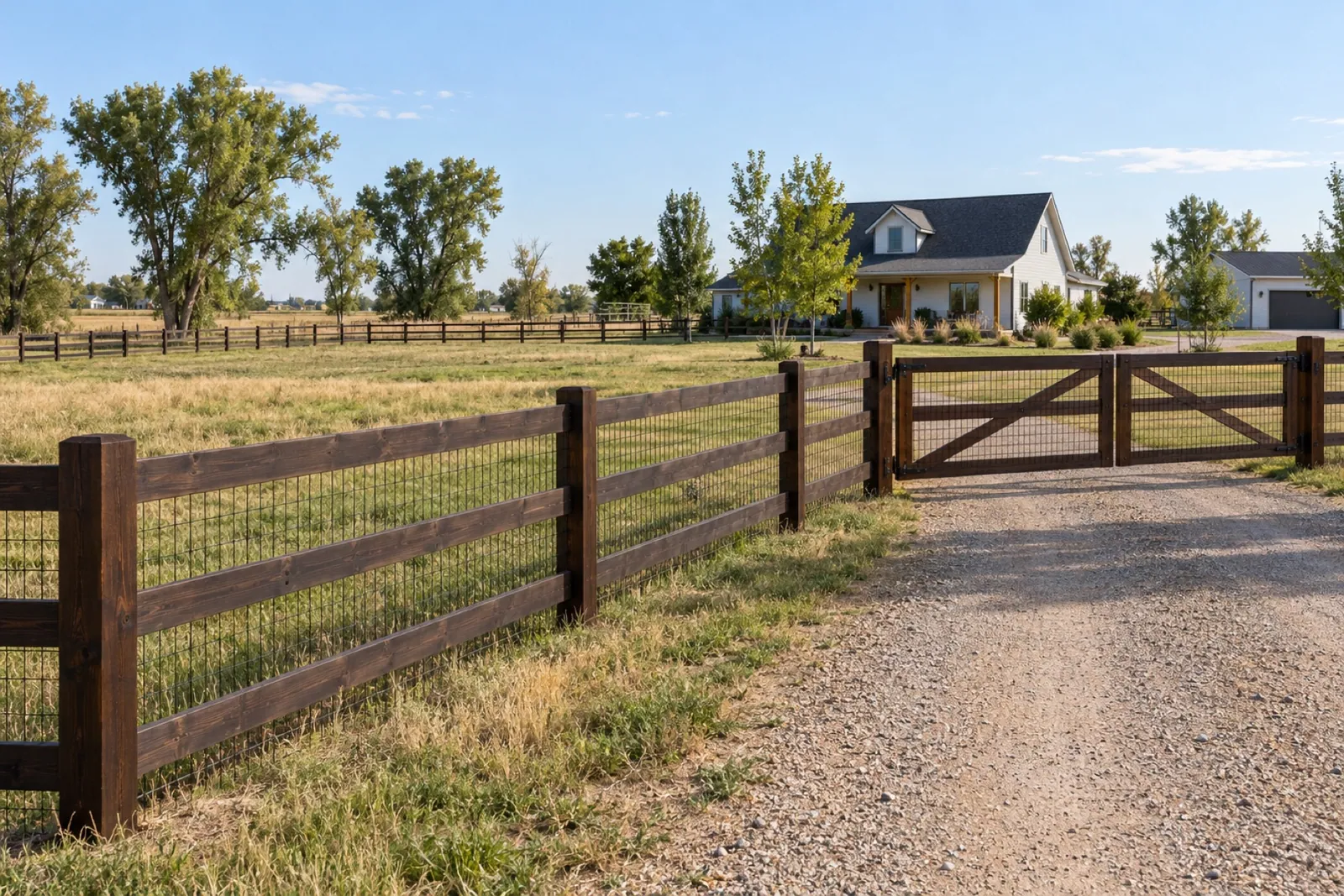 Three-rail wood acreage fence with welded wire and a double gate in Erie.