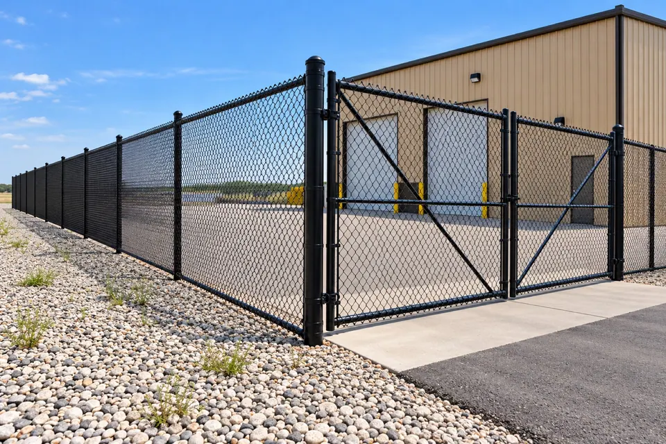 Long black chain-link fence run beside a Fort Lupton commercial building.