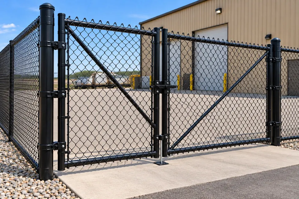 Black chain-link double gate with latch and drop-rod hardware in Fort Lupton.