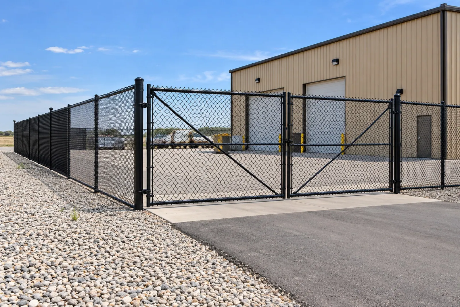Black chain-link commercial fence and double vehicle gate in Fort Lupton.