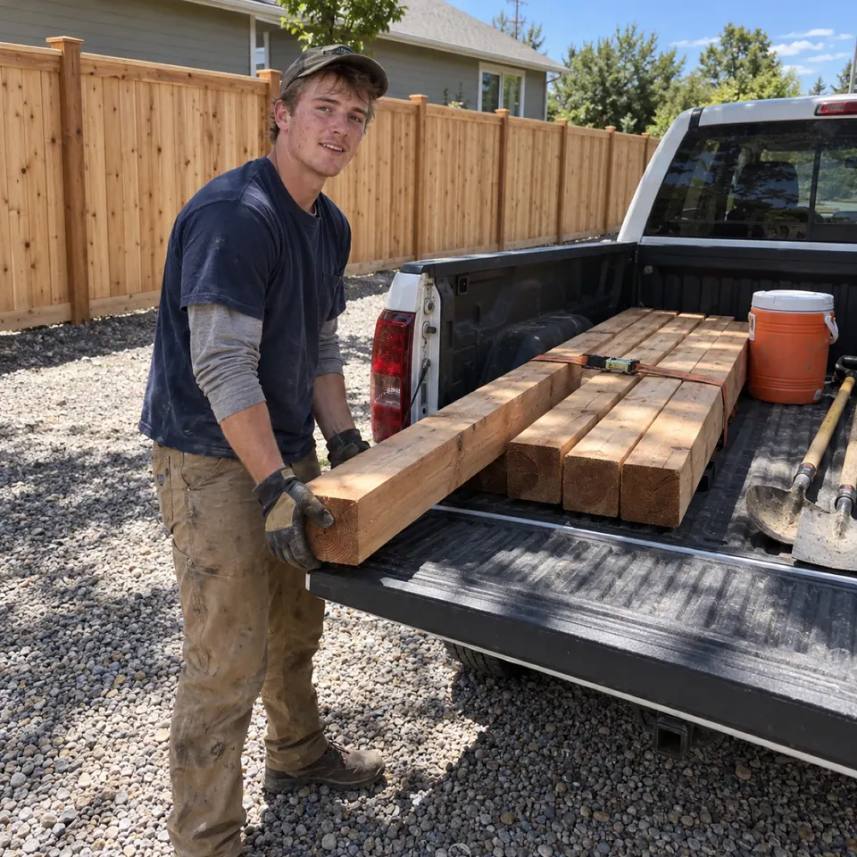 Jake Nolan unloading cedar posts from a work pickup