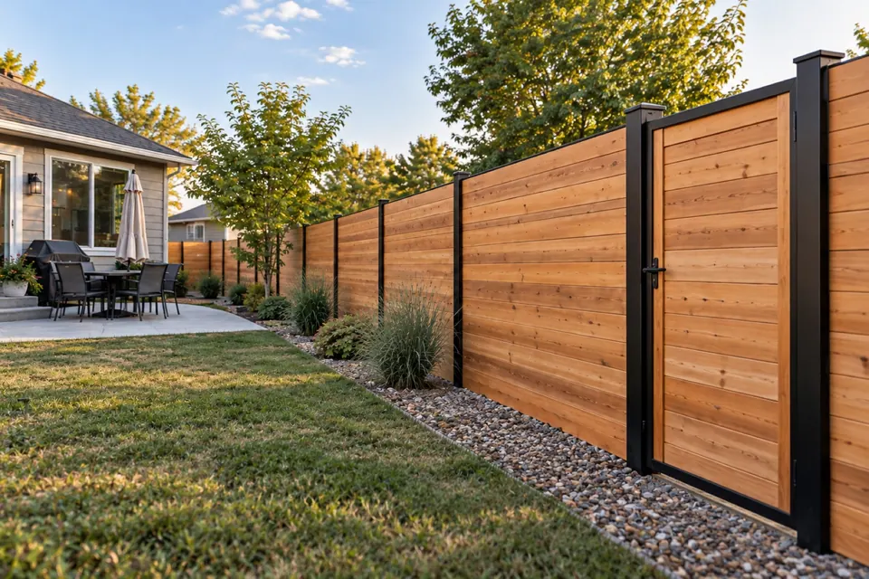 Fence-line view of horizontal cedar boards and black steel posts in Longmont.