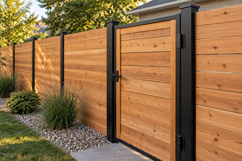 Matching horizontal cedar pedestrian gate with black hardware in Longmont.