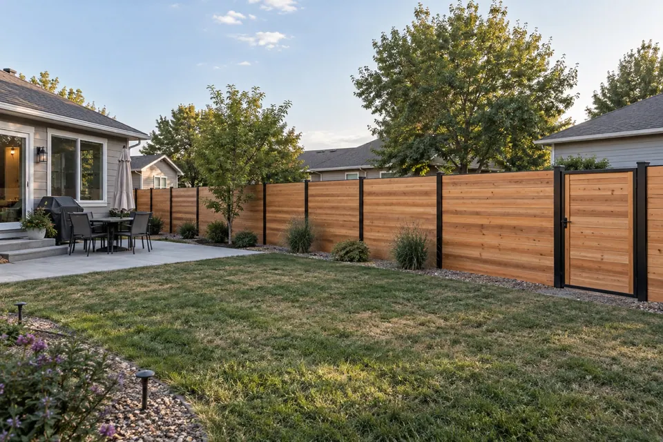 Horizontal cedar privacy fence with black steel posts surrounding a Longmont backyard.