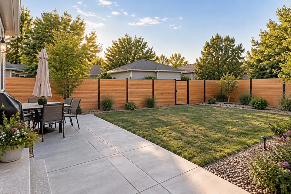 Longmont patio and lawn enclosed by a horizontal cedar privacy fence.