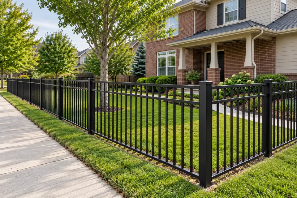 Low fence-line view of a black aluminum residential fence in Louisville.