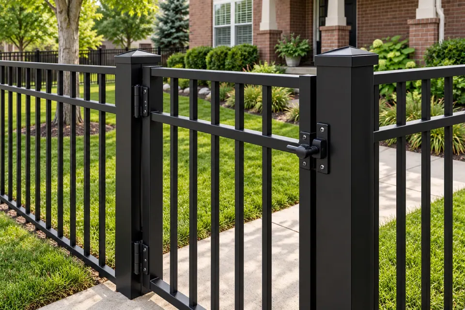Close view of a matching black aluminum gate and latch in Louisville.
